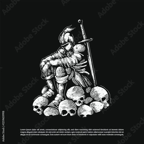 Medieval knight wearing full plate armor, sitting on a pile of human skulls. and a long sword beside him. Vector illustration