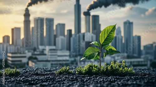 Urban pollution and environmental growth: a young plant thrives amidst a polluted cityscape