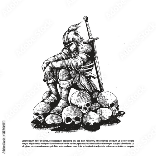 Dark art of medieval knight wearing full plate armor, sitting on a pile of human skulls. and a long sword is planted into the ground beside him.