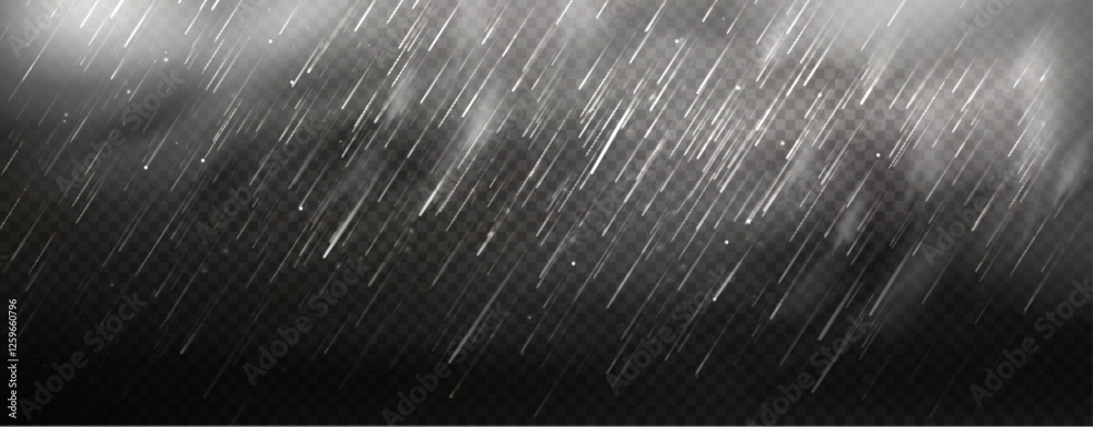 Heavy rainy effect overlay with diagonal streaks on transparent background. Misty atmosphere with droplets and hail or snow storm particles, white clouds or fog for wet weather visualization.