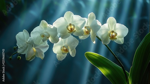 Elegant white orchids illuminated by soft rays of light in a serene, tranquil environment