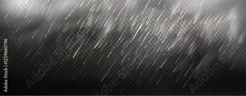 Heavy rainy effect overlay with diagonal streaks on transparent background. Misty atmosphere with droplets and hail or snow storm particles, white clouds or fog for wet weather visualization.