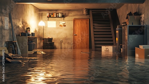 Flooded basement interior, water damage, disaster scene photo