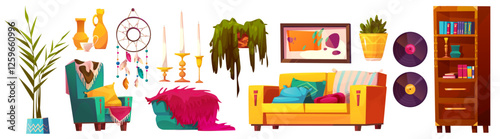 Boho living room interior elements with colorful furniture, dream catcher, vinyl records. Bright yellow sofa, green armchair, potted plant, wooden bookshelf, abstract artwork in bohemian decor style.