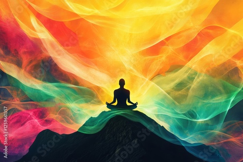 A person meditating on a mountain, with colorful waves of energy radiating outward. photo