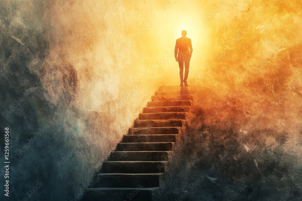 A single figure climbing stairs toward a glowing light, symbolizing self-growth and discovery. Soft pastel background. A single figure climbing stairs toward a glowing light, symbolizing self-growth and discovery. Soft pastel background.