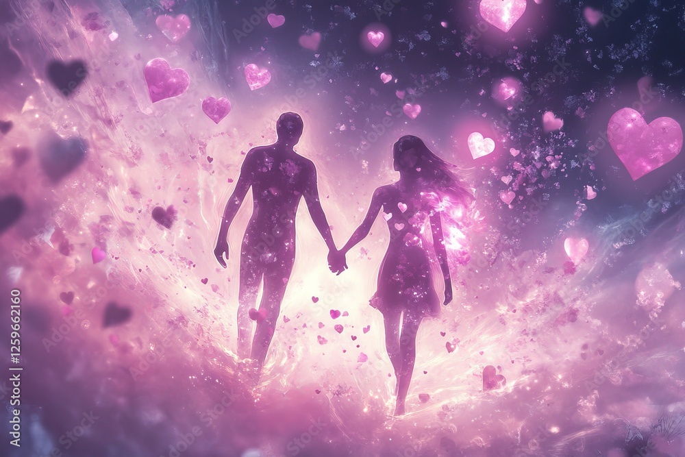 Naklejka premium Two figures holding hands, glowing with a soft pink light, surrounded by floating hearts and petals.