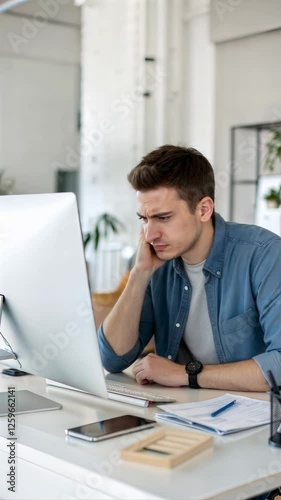 Frustrated young businessman looking at laptop in office, vertical footage
