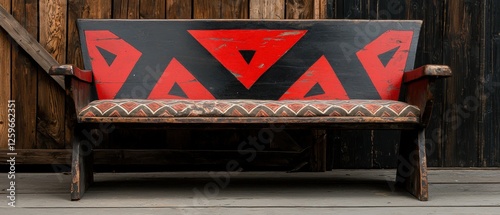 A red and black bench with a geometric pattern on the backrest. photo