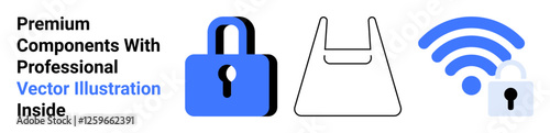Lock, shopping bag, and wireless signal with padlock visuals. Ideal for digital security, e-commerce, data privacy, online connectivity, shopping apps, technology platforms flat landing page banner