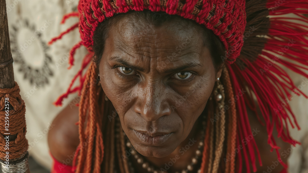 Portrait of a Woman Wearing Traditional Red Cultural Headwear with Decorative Ornaments Portrait of a Woman Wearing Traditional Red Cultural Headwear with Decorative Ornaments