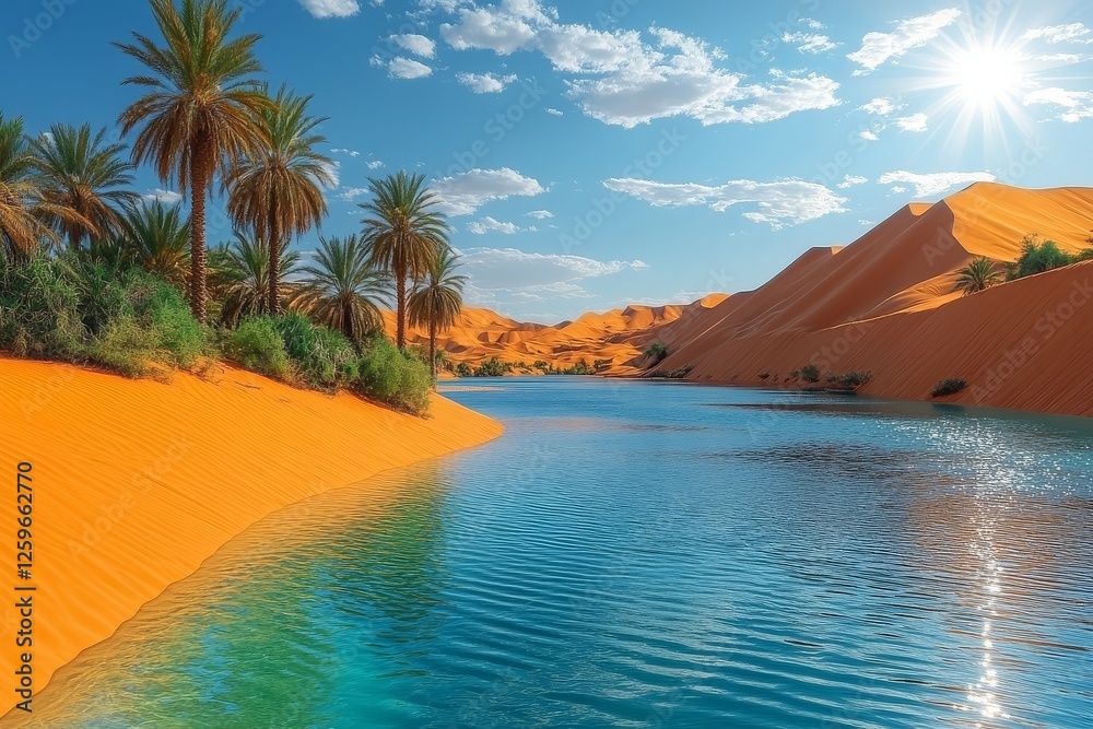 Naklejka premium Oasis in the Desert with Sand Dunes and Blue Water Surrounded by Palm Trees Under the Sun. A Serene Retreat.