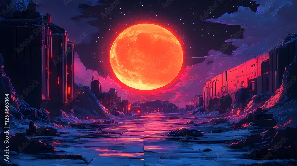 Obraz premium Futuristic Cityscape Under a Giant Sun, Neon Glow and Mystical Atmosphere