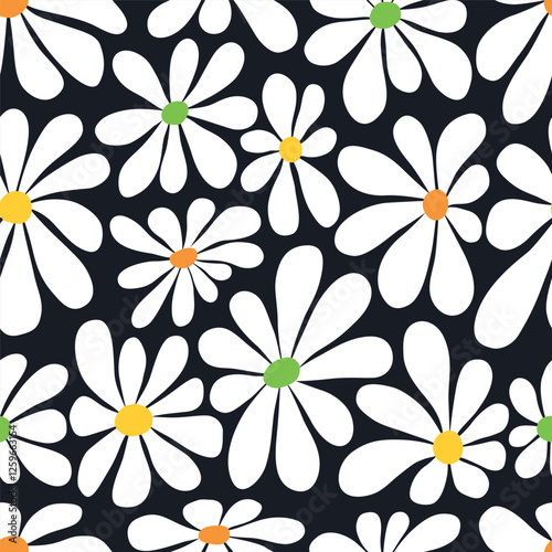 Floral Print with Big White Flowers. Seamless Pattern with Chamomile on Black Background. Summer Flowers with Multicolored Centers. Sample can be used for Fabric, Cover, Mugs. Vector Illustration