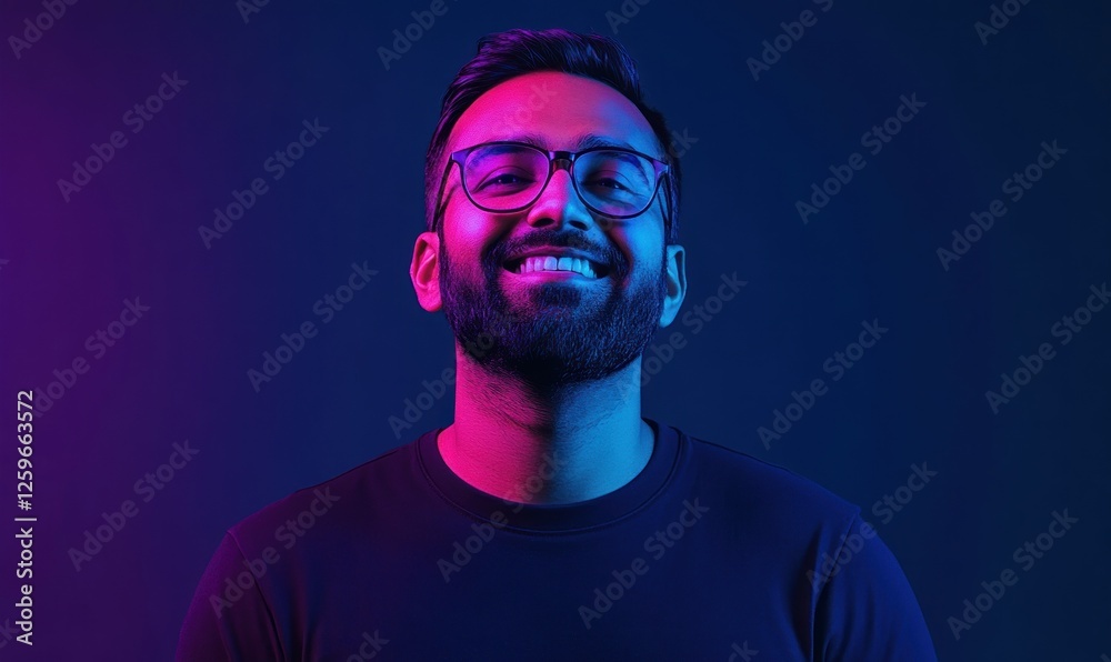 Naklejka premium cinematic shot of an Indian man with short hair, a beard, and glasses standing in front of the camera, smiling. He is wearing a black t-shirt. The background color is dark blue. 