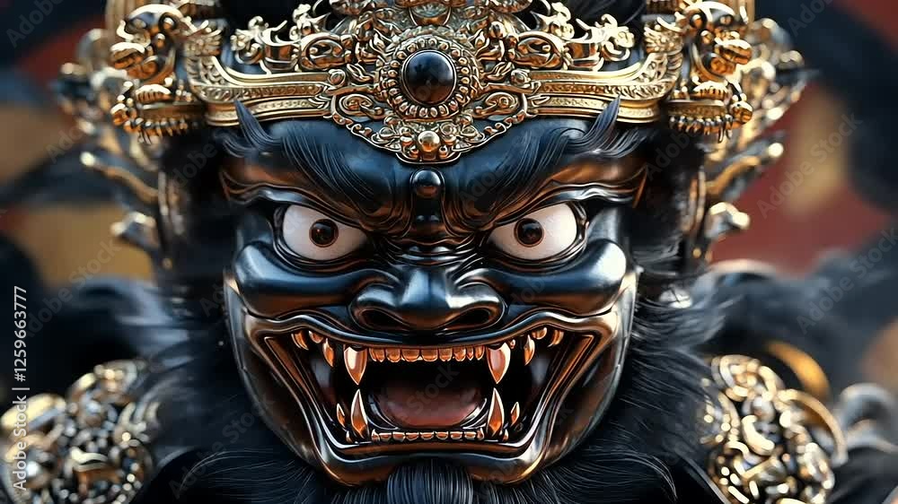 Detailed Close-up of Mythical Warrior Mask with Intricate Gold Adornments