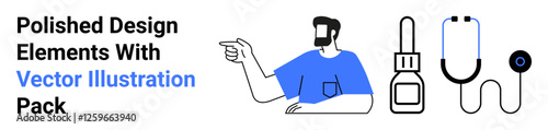 Man in casual attire gesturing with medical tools, including stethoscope, dropper bottle, and otoscope beside him. Ideal for medical education, healthcare services, wellness, professional kits
