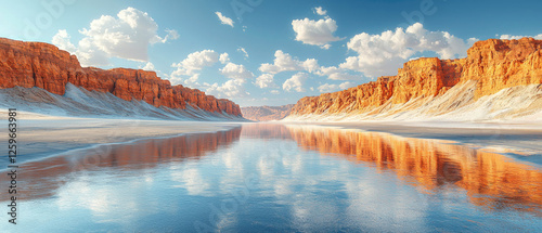 A stunning panoramic view of red canyon cliffs perfectly reflected in still waters, with white clouds in a bright blue sky creating a mirror-like landscape. Generative AI. photo