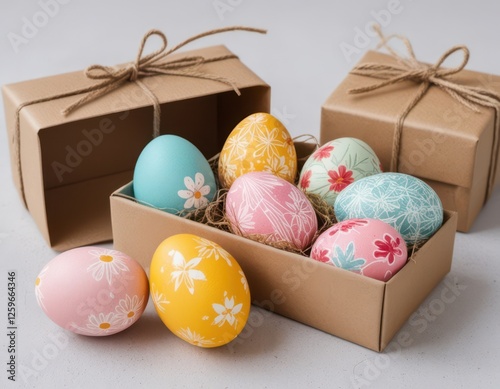 A collection of beautifully decorated easter eggs, featuring floral patterns in vibrant colors, displayed alongside two brown gift boxes tied with twine. the eggs showcase intricate designs