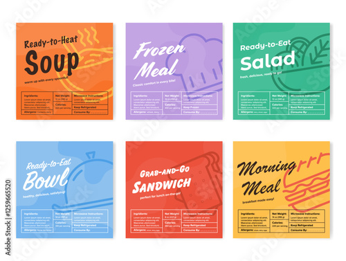 Ready to eat meal label with line elements design template set vector flat illustration
