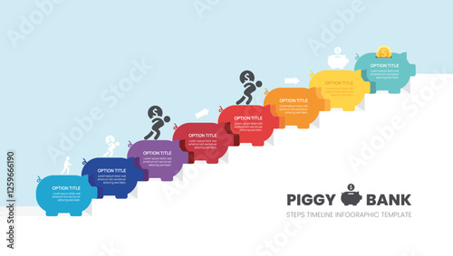 Infographics piggy bank symbol timeline savings business steps to success template. vector illustration.