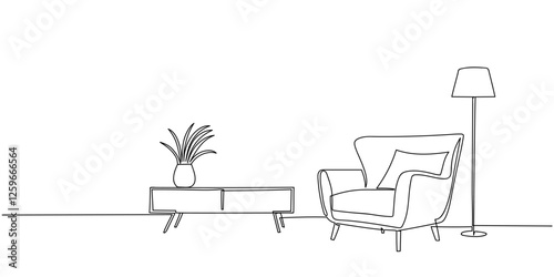 one continuous line drawing modern living room. Armchair, nightstand and floor lamp in linear style. Scandinavian stylish furniture for living room or hotel concept. Doodle illustration