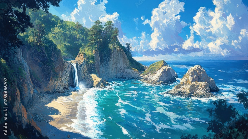 Naklejka premium Coastal Waterfall Beachscape Sunny day, ocean waves crashing on sandy shore, lush greenery, cliffside waterfall. Use travel, tourism