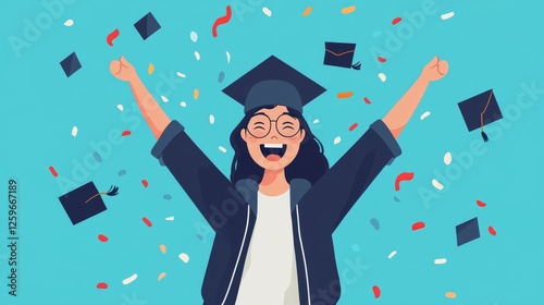 A joyous graduate celebrates their achievement amidst a flurry of confetti and graduation caps.