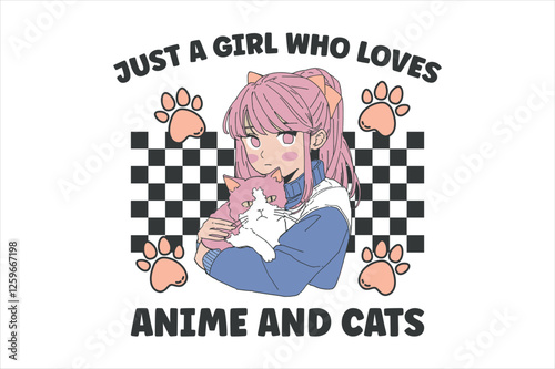 Anime Girl Loves Cats T-Shirt, Cute Manga Cat Lover