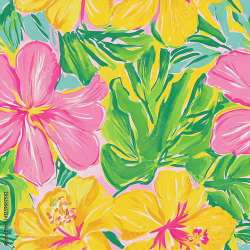 Lilly Pulitzer print in pink, yellow, and green with bright tropical flowers