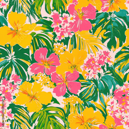 Lilly Pulitzer print in pink, yellow, and green with bright tropical flowers