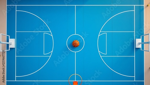 Aerial View of a Blue Basketball Court with Ball