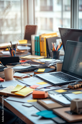 Modern office desk in chaos, messy workspace with scattered papers, coffee cups, sticky notes