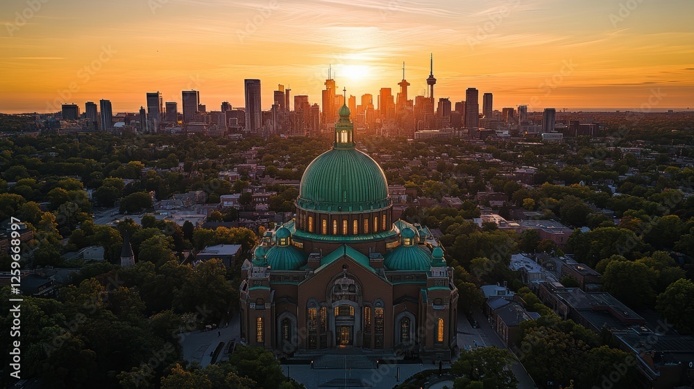 Obraz premium Toronto skyline at sunset with majestic St. Michaelâ€™s Cathedral Basilica dome in the foreground, aerial view of cityscape and beautiful architecture.