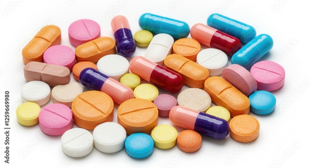 Closeup of medicine capsule against various colorful pills on background Closeup of medicine capsule against various colorful pills on background