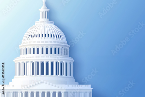 Iconic neoclassical government building illustration, crisp white facade, domed roof, and columned entrance, isolated on a plain background, high-detail rendering