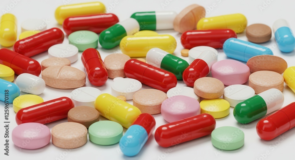 Closeup of medicine capsule against various colorful pills on background Closeup of medicine capsule against various colorful pills on background