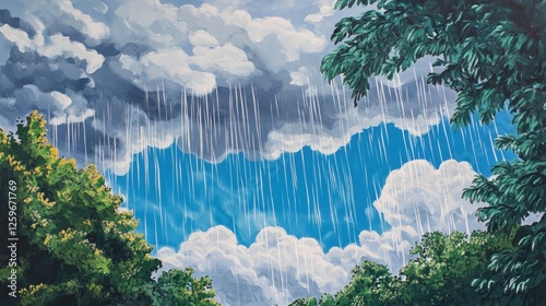 Serene rainscape featuring lush trees and clouds with glimpses of the sky photo