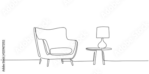 continuous line drawing showcases minimalist Scandinavian furniture and lamp. Scandinavian stylish furniture for living room or hotel concept in simple linear style. Doodle illustration