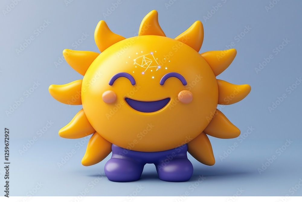 Happy Sun Character 3D Render of Smiling Sun with Geometric Design Happy Sun Character 3D Render of Smiling Sun with Geometric Design