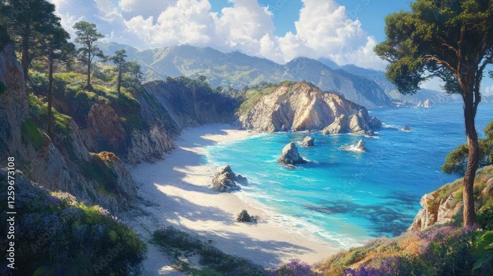 Secluded cove, sunny beach, coastal cliffs, Pacific Ocean, scenic travel