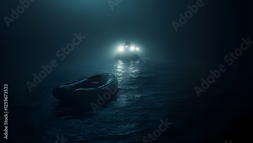 Foggy Night Rescue Boat and Raft