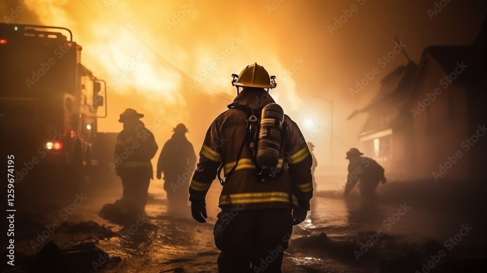 firefighter and soldiers working together to fight a fire in a city, soft gradient sky, empty space at the bottom,generative ai illustration firefighter and soldiers working together to fight a fire in a city, soft gradient sky, empty space at the bottom,generative ai illustration