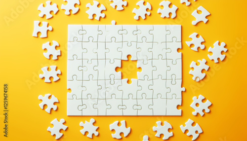 Top view of white jigsaw puzzle surface, various incomplete or missing pieces on yellow background.