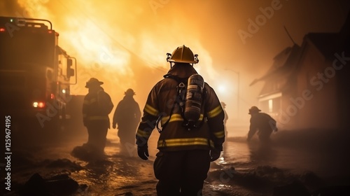 firefighter and soldiers working together to fight a fire in a city, soft gradient sky, empty space at the bottom,generative ai illustration
