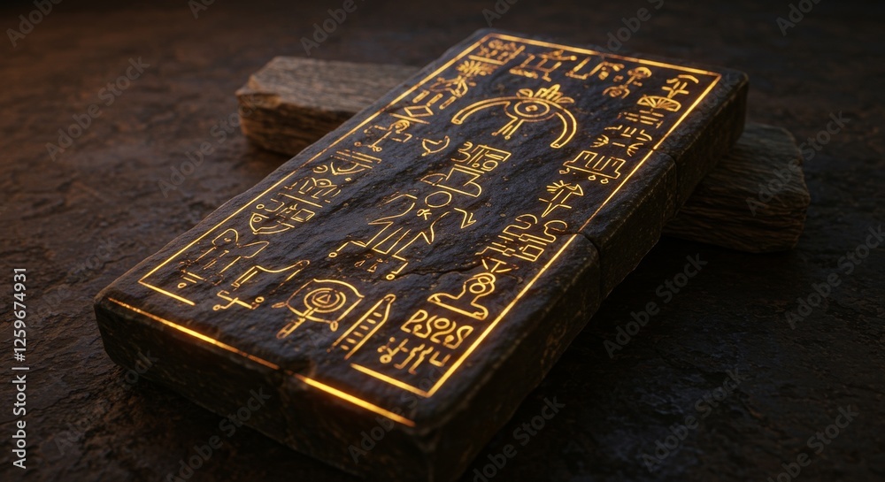 Fototapeta premium Ancient Stone Tablet with Hieroglyphs: Archaeological Find