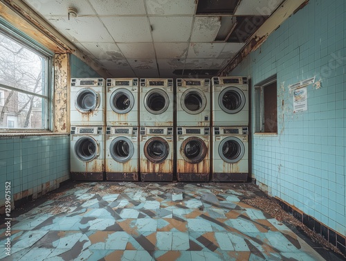 Abandoned public laundry interior slung derelict forsaken outcast photo