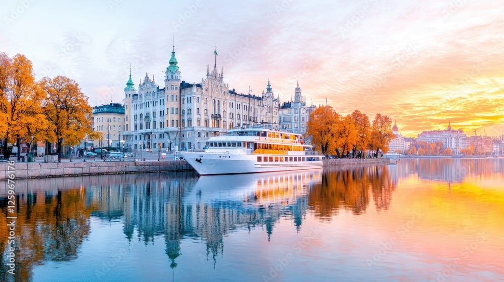 Obraz premium Scenic autumn sunrise, Stockholm waterfront, cruise ship docked, buildings reflecting in water; travel postcard