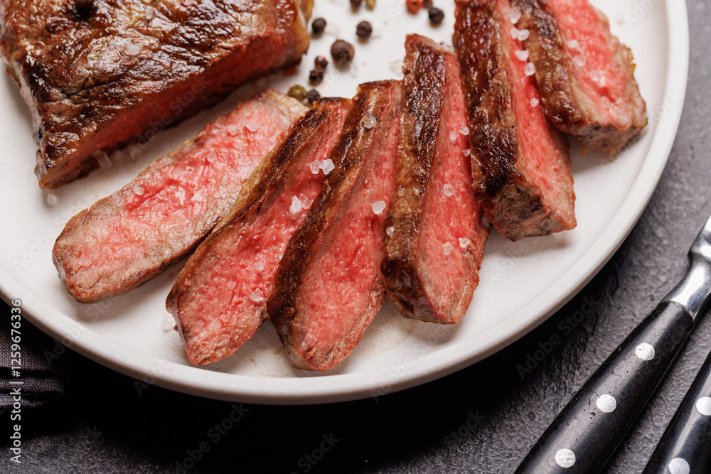 A perfectly cooked sliced striploin steak with a juicy, tender texture A perfectly cooked sliced striploin steak with a juicy, tender texture