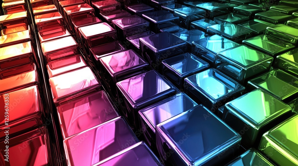 Colorful glossy cubes arranged in a vibrant pattern, reflecting light in a modern abstract setting Colorful glossy cubes arranged in a vibrant pattern, reflecting light in a modern abstract setting